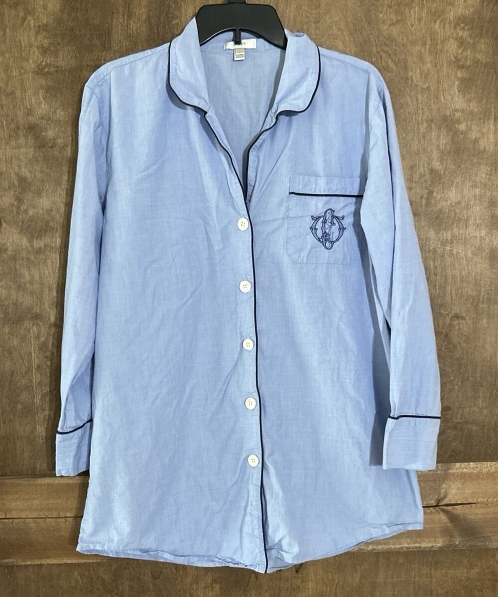 J.Crew Monogram Boyfriend Sleep Shirt Size L Blue 100% Cotton